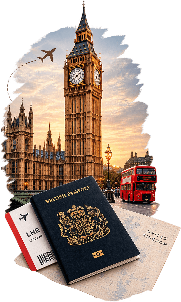 A British passport and boarding pass in front of Big Ben and the Houses of Parliament at sunset