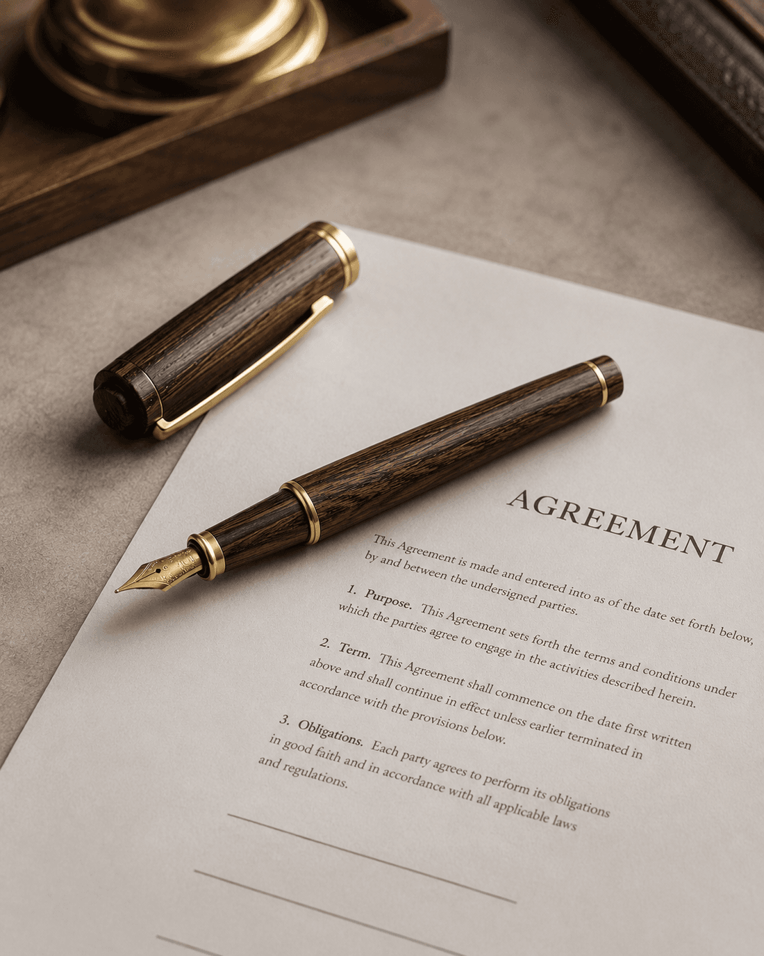 Legal documents and a fountain pen on a desk